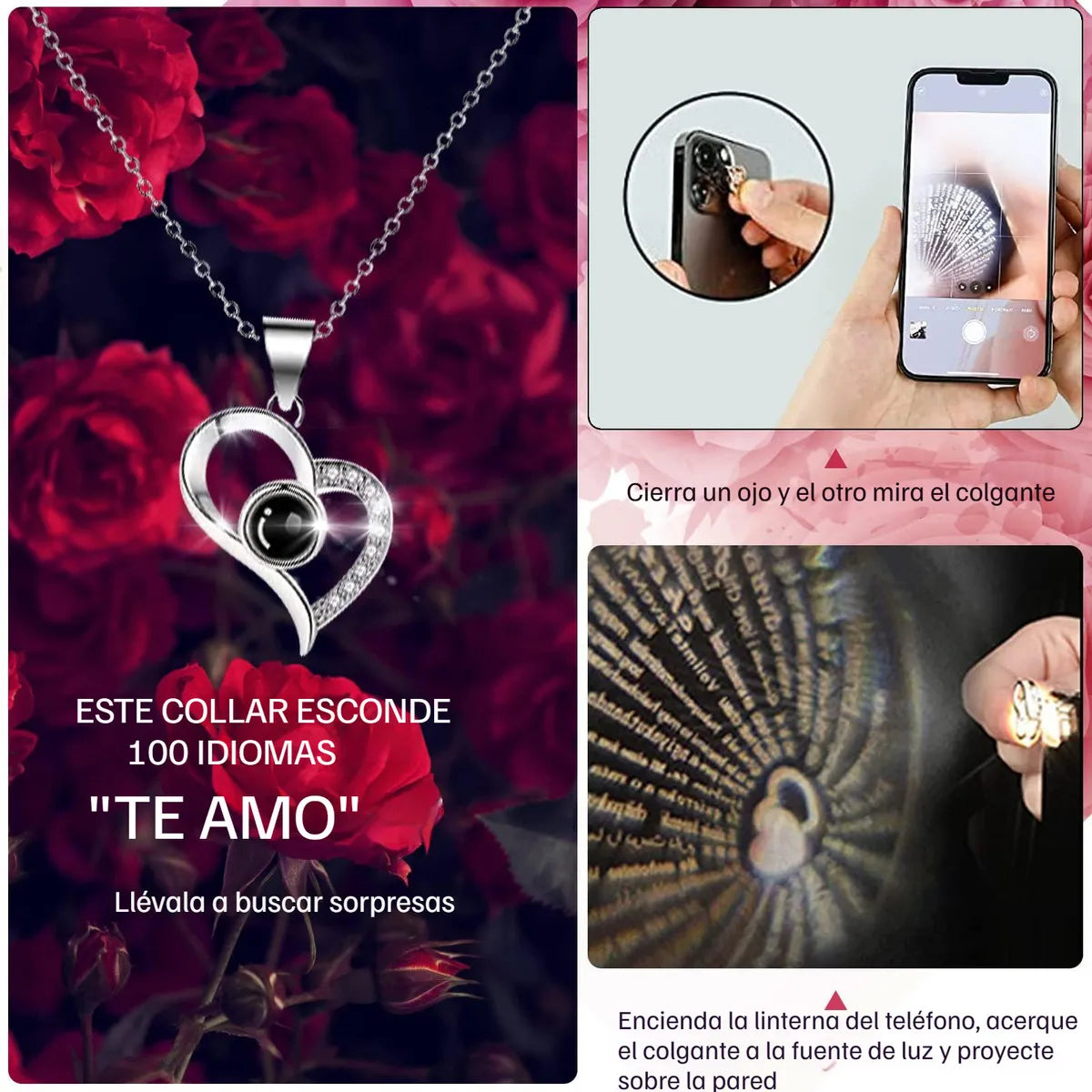 🌹 Collar con Rosa Eterna en Caja Joyero – El Regalo que Dice Te Amo en 100 Idiomas