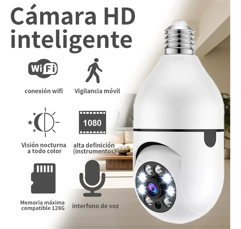🔐 Cámara de Seguridad WiFi 360° Tipo Foco – ¡Instálala en segundos, vigila todo!