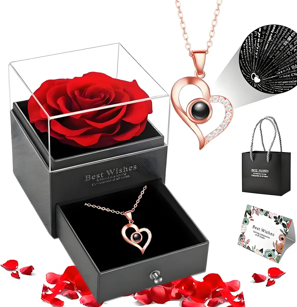 🌹 Collar con Rosa Eterna en Caja Joyero – El Regalo que Dice Te Amo en 100 Idiomas
