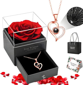 🌹 Collar con Rosa Eterna en Caja Joyero – El Regalo que Dice Te Amo en 100 Idiomas